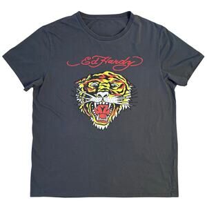 Ed Hardy T-Shirt Retro Tiger Head Rhinestone Short Sleeve Gray Unisex Large